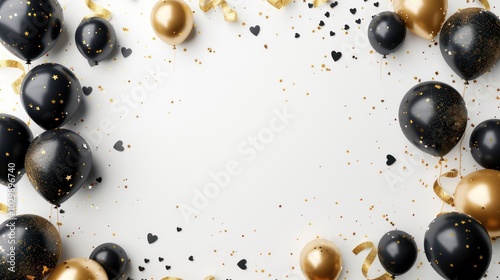 Black and Gold Balloons with Confetti on White Background