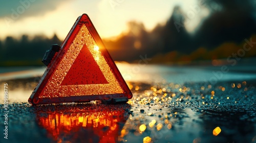 Red Emergency Triangle on Sunlit Road: Reflective Safety Symbol with Sparkling Surface Amidst Greenery Blur