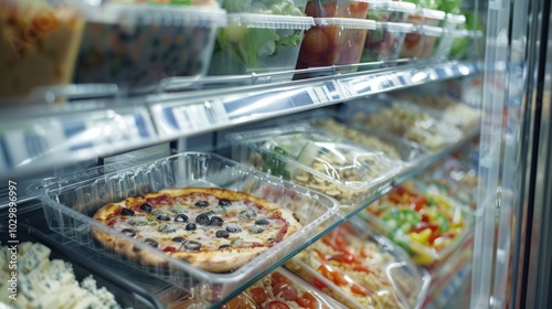 Pizza and Salad in a Grocery Store Display