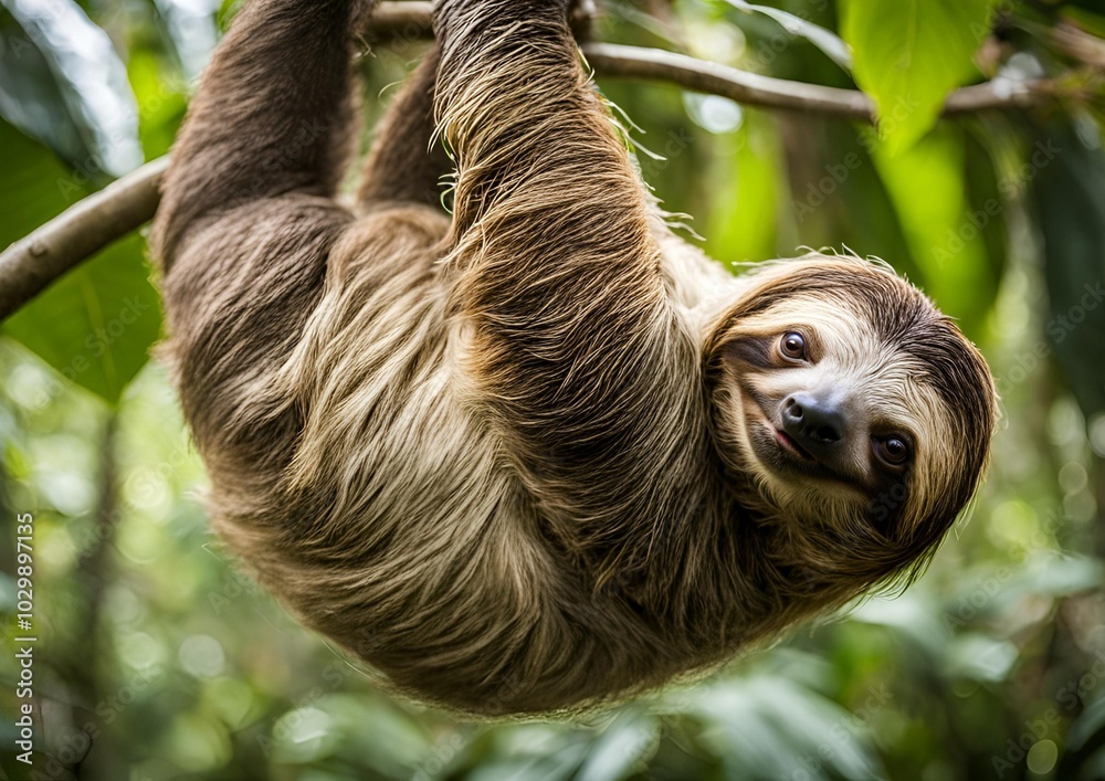 Fototapeta premium A funny sloth hangs from a tree branch, sporting a cute expression as it scratches its belly—a perfect portrait of wildlife in the lush rainforests of Costa Rica.