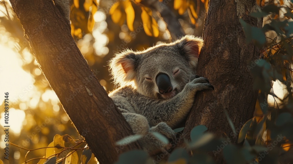A koala bear sleeping in a eucalyptus tree with the sun shining through the leaves. A koala bear sleeping in a eucalyptus tree with the sun shining through the leaves.
