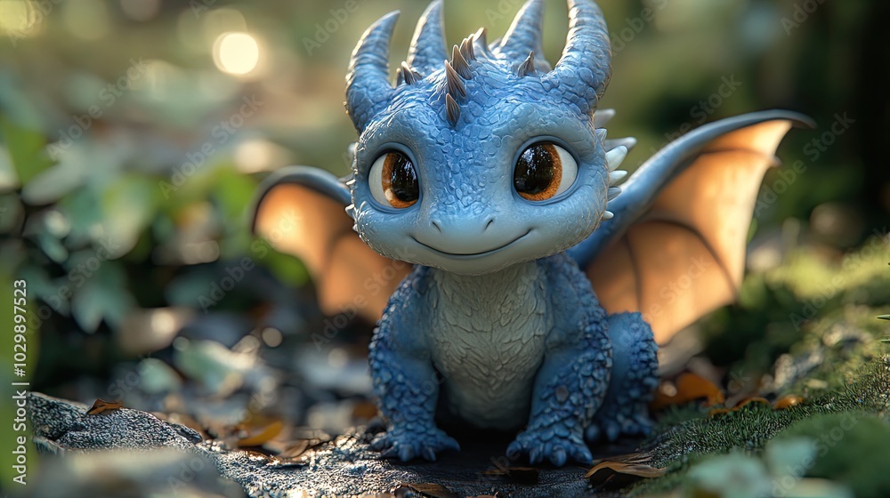 A cute blue dragon cartoon rendered in 3D against a forest backdrop. A cute blue dragon cartoon rendered in 3D against a forest backdrop.
