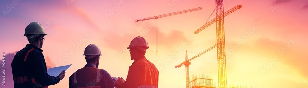 Construction Workers and Crane at Sunset Construction Workers and Crane at Sunset