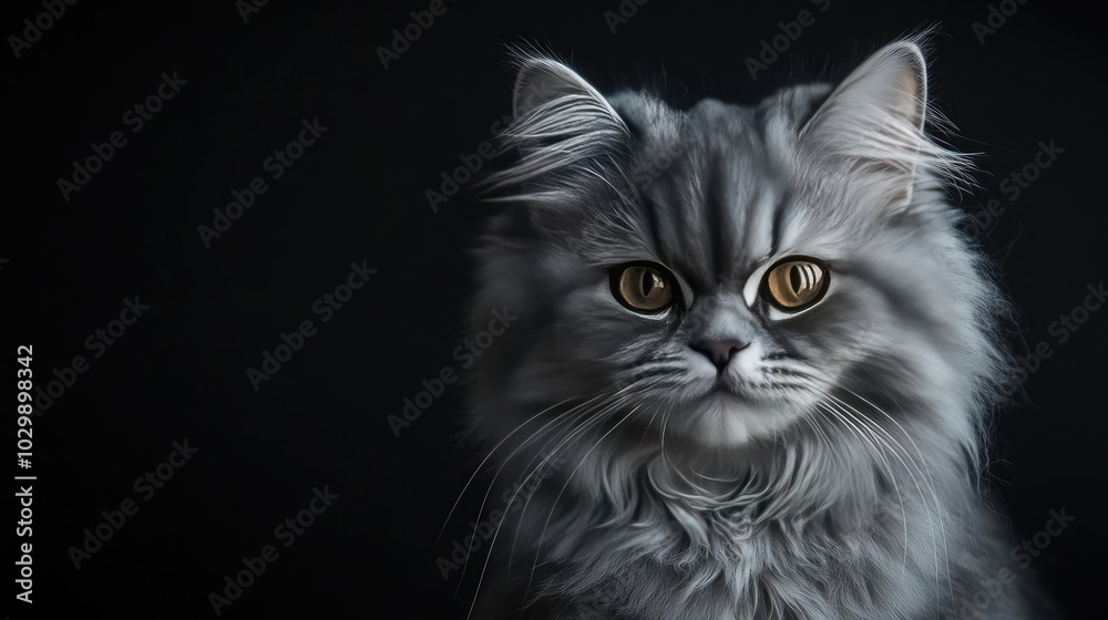 Portrait of a majestic gray cat with striking yellow eyes, black background. Portrait of a majestic gray cat with striking yellow eyes, black background.