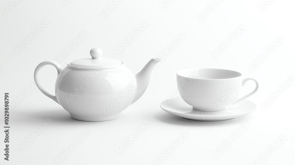 Teapot and cup set mockup, clean white background, minimalist product photography Teapot and cup set mockup, clean white background, minimalist product photography