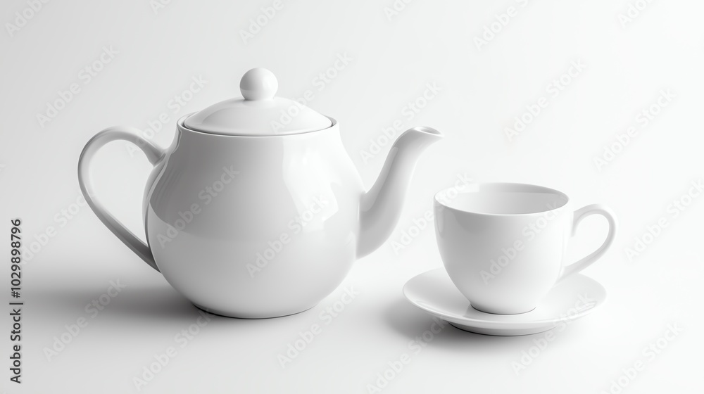 Teapot and cup set mockup, clean white background, minimalist product photography Teapot and cup set mockup, clean white background, minimalist product photography