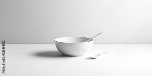 Minimalist breakfast bowl and spoon set, clean white background product mockup