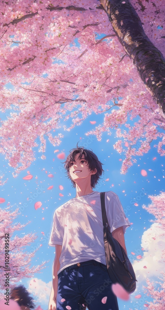 handsome cool Japanese anime guy, cherry blossom tree background, anime wallpaper handsome cool Japanese anime guy, cherry blossom tree background, anime wallpaper