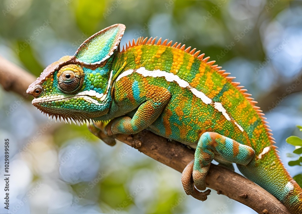 Fototapeta premium A chameleon changing its colors embodies adaptability and transformation, illustrating the concept of camouflage.