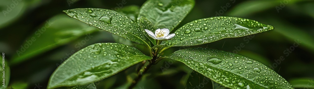 Dew-covered green leaves with a single white flower blooming, nature detail, spring growth Dew-covered green leaves with a single white flower blooming, nature detail, spring growth