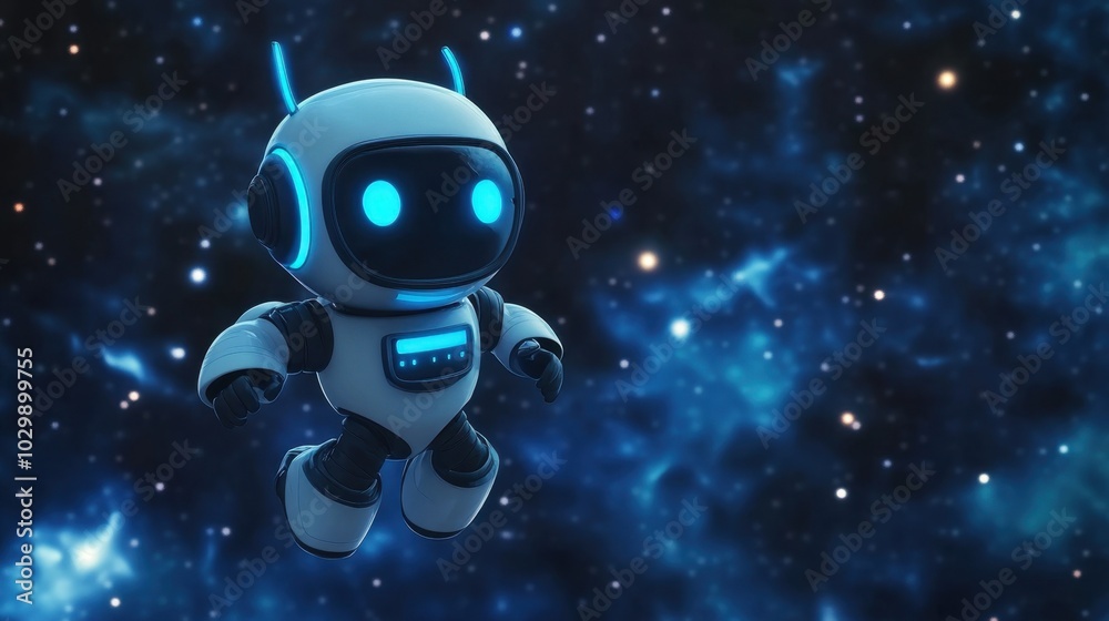 Fototapeta premium Adorable sci-fi robot floating in space, surrounded by stars and glowing nebula, perfect for Science Fiction Day with room for text