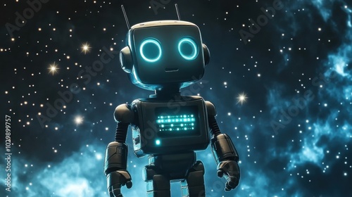 Adorable sci-fi robot floating in space, surrounded by stars and glowing nebula, perfect for Science Fiction Day with room for text