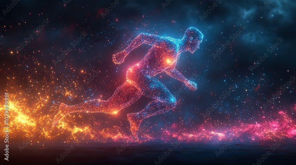 A digital human athlete running with a neon wireframe background. A digital human athlete running with a neon wireframe background.
