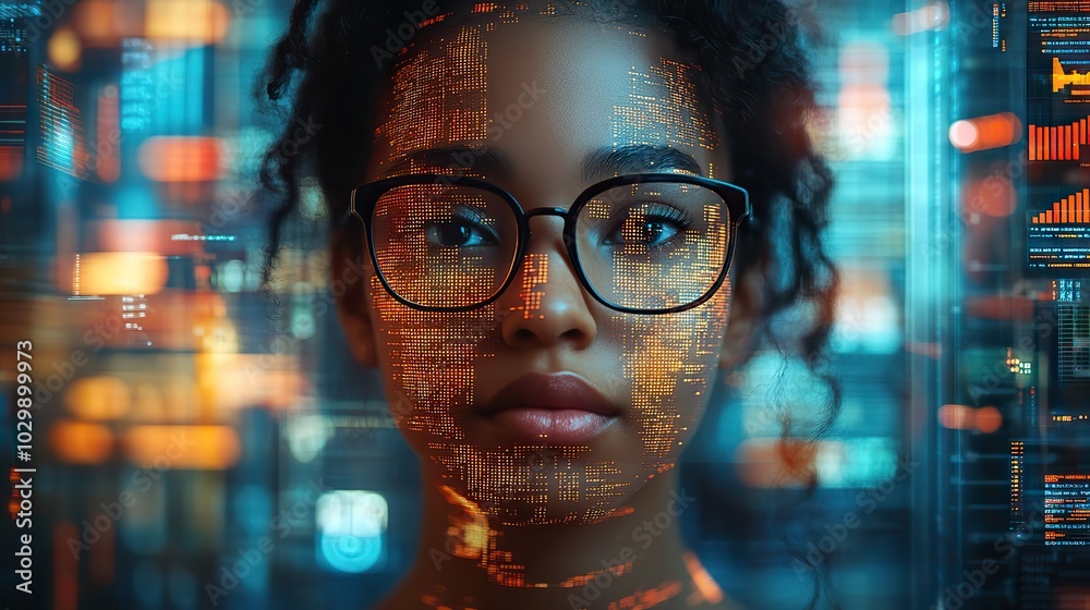 A digital human figure with glasses overlaid on data visualizations and graphs. A digital human figure with glasses overlaid on data visualizations and graphs.