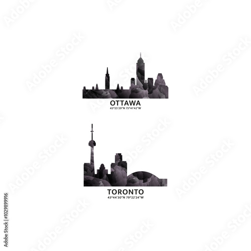 Canada cities logo and icon set. Vector graphic collection for Toronto, Ottawa. Skyline, panoramic emblems for Ontario province