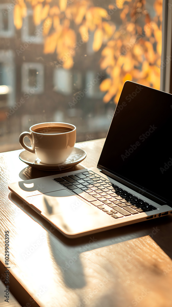 Coffee cup and laptop on wooden table Coffee cup and laptop on wooden table