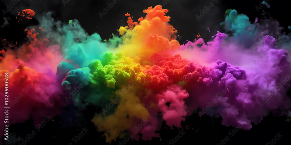 Fluid Fantasia: A Dance of Colors , Smoke splash, neon light, colorful, paint, color powder, rainbow and explosion 