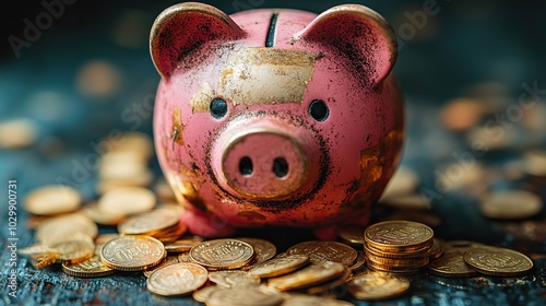 A distressed pink piggy bank alongside scant gold coins symbolizes financial loss. photo