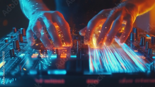 DJ Mixing Music with Neon Lights photo