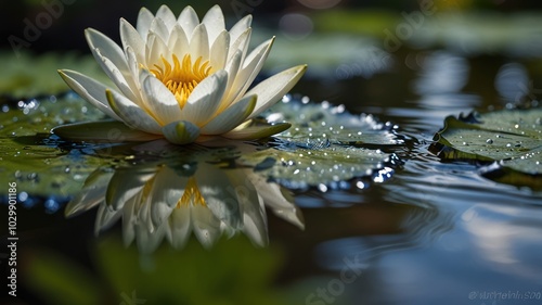 A single white water lily with a yellow center floats on the surface of a pond with its reflection visible in the water.