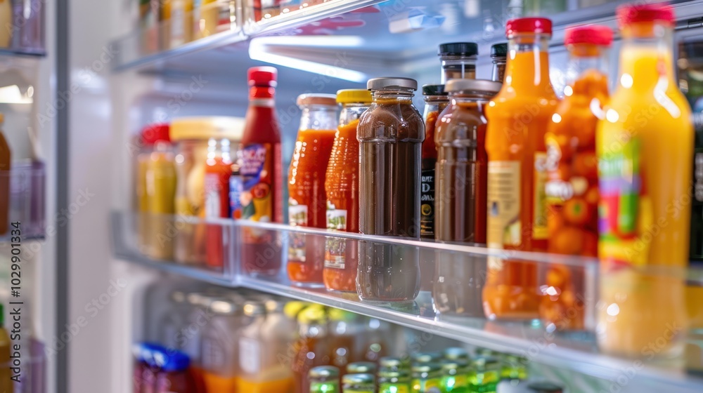 Assortment of Beverages and Condiments in a Refrigerator Assortment of Beverages and Condiments in a Refrigerator