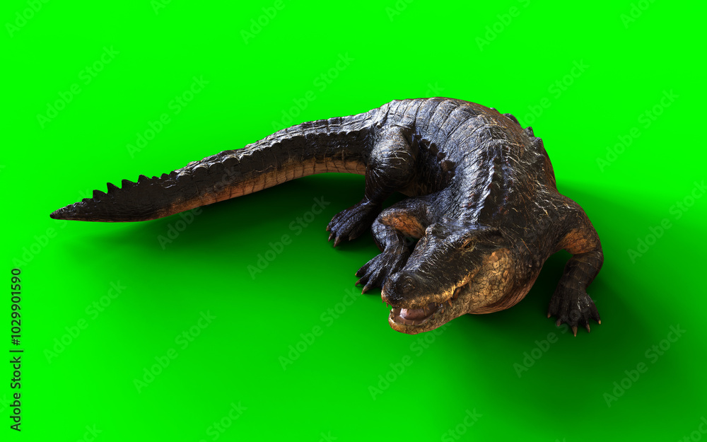 Obraz premium 3d Illustration of a dark American crocodile isolated on green background with clipping path. Animal Hunting Motion.