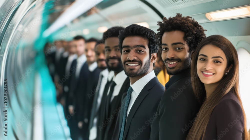 Obraz premium Multicultural group from Sri Lanka using hyperloop transportation system which represents the future of global transportation.