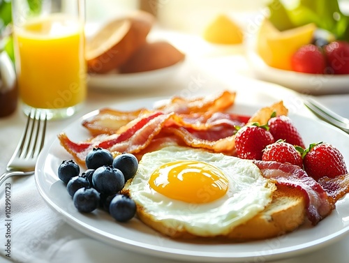 A delicious breakfast plate featuring a sunny-side-up egg, crispy bacon, fresh blueberries, strawberries, and toast, with orange juice in the background.