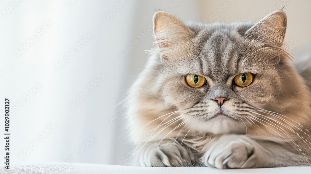 Persian cat lounging indoors with striking yellow eyes. Persian cat lounging indoors with striking yellow eyes.