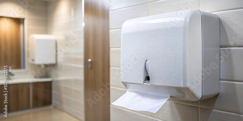 Soft focus tissues paper towel dispenser on bathroom wall photo