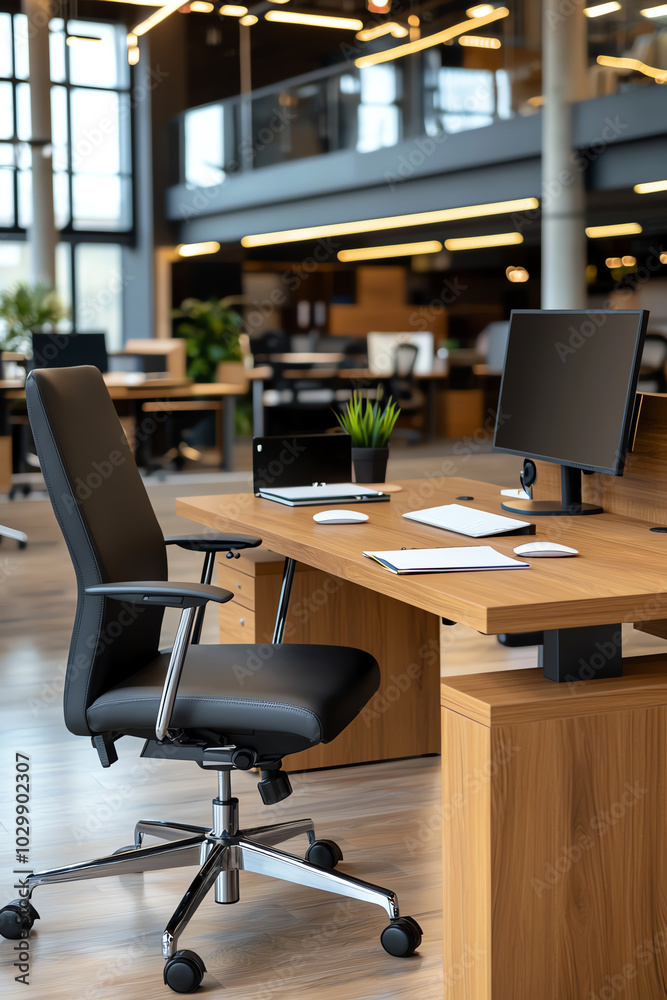 Modern office desk setup with chair and plant Modern office desk setup with chair and plant