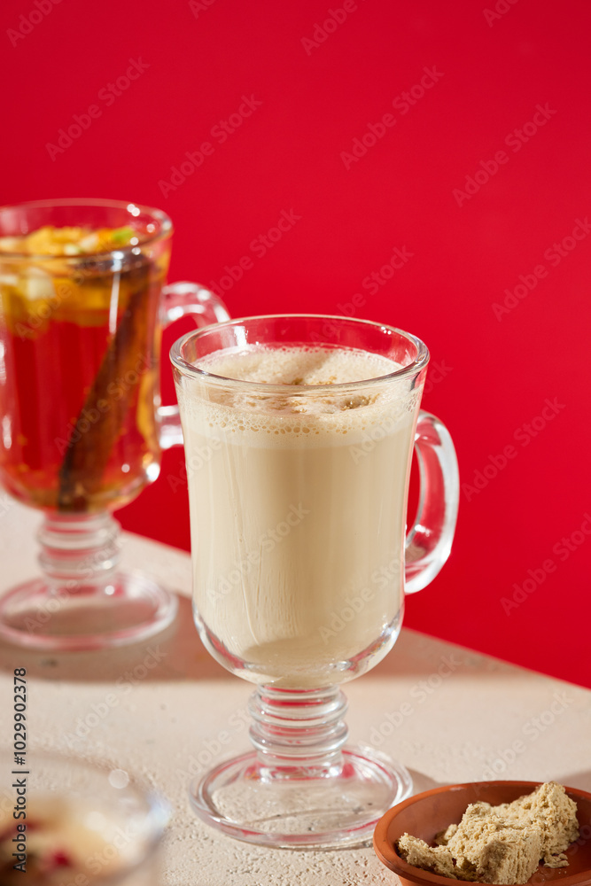 Rustic Halva Raf Coffee With Contrasting Red Background and Warm Lighting Rustic Halva Raf Coffee With Contrasting Red Background and Warm Lighting