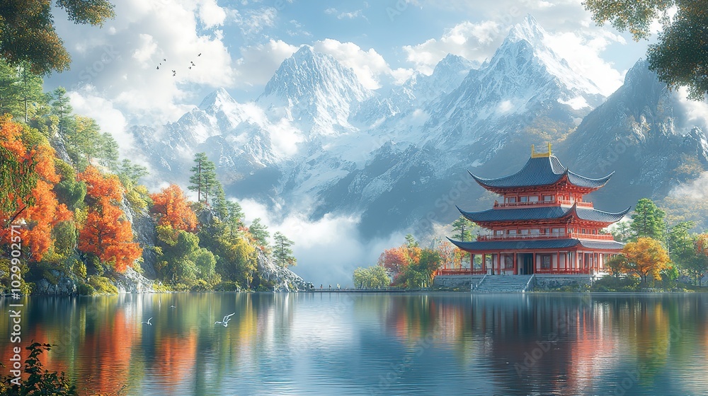 A fantasy depiction of a traditional Chinese building by a lake and mountain in a park setting. A fantasy depiction of a traditional Chinese building by a lake and mountain in a park setting.