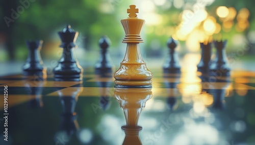 A white chess king stands tall on a chessboard, surrounded by black pieces, reflecting in the glossy surface, with a green blurred background. photo