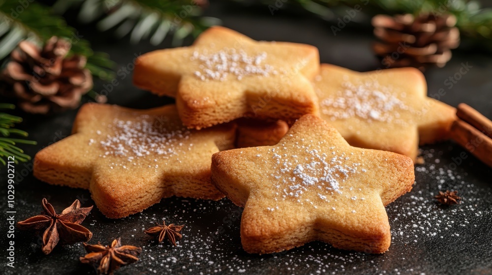 Freshly baked star-shaped Christmas cookies dusted with powdered sugar, perfect for holiday celebrations with cinnamon and festive decor. Freshly baked star-shaped Christmas cookies dusted with powdered sugar, perfect for holiday celebrations with cinnamon and festive decor.