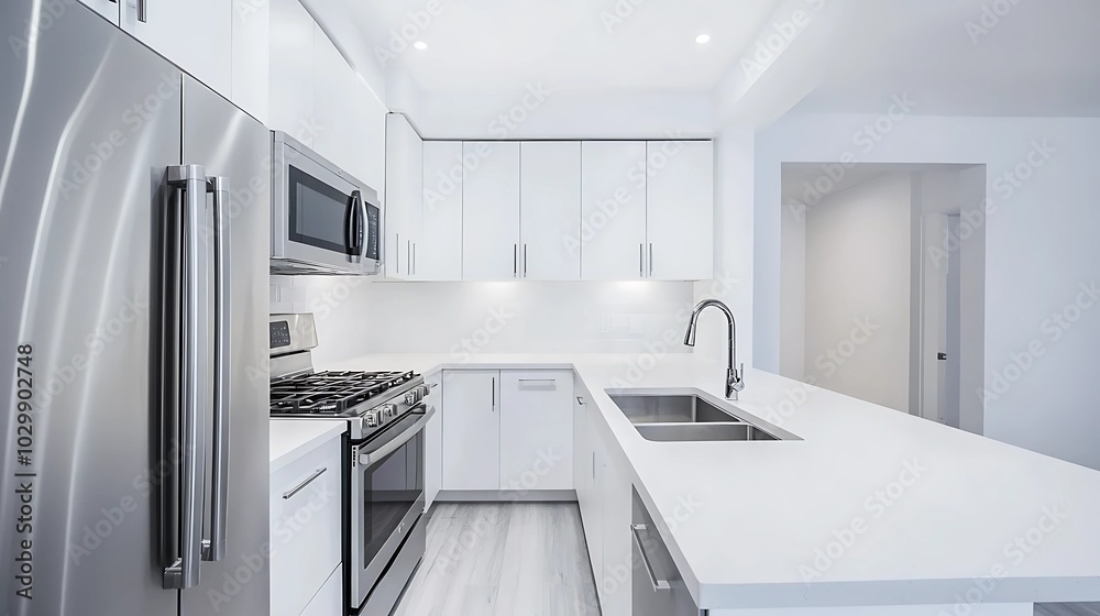 A clean, minimalist kitchen in a newly renovated apartment, with stainless steel appliances and bright white countertops A clean, minimalist kitchen in a newly renovated apartment, with stainless steel appliances and bright white countertops