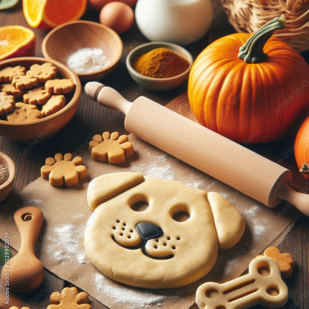Rolling pin and dough for healthy homemade pumpkin dog biscuits, surrounded by fresh ingredients Rolling pin and dough for healthy homemade pumpkin dog biscuits, surrounded by fresh ingredients