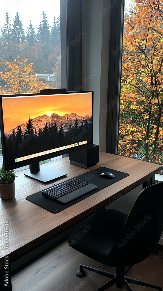 Fototapeta premium Modern workspace with sunset view