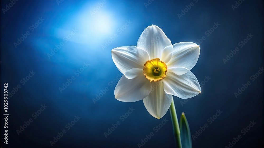 Soft lighting illuminating white Jonquil narcissus hybrid flowers against a dark blue background Soft lighting illuminating white Jonquil narcissus hybrid flowers against a dark blue background
