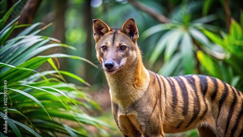 Silhouette of a Tasmanian tiger thylacine in jungle setting photo