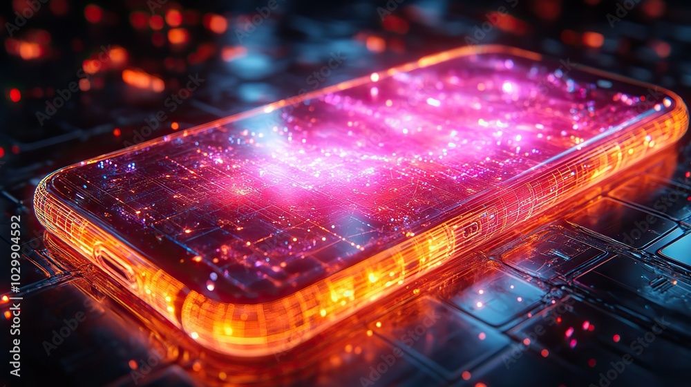 A futuristic colorful wireframe mobile phone depicted on a dark background. A futuristic colorful wireframe mobile phone depicted on a dark background.