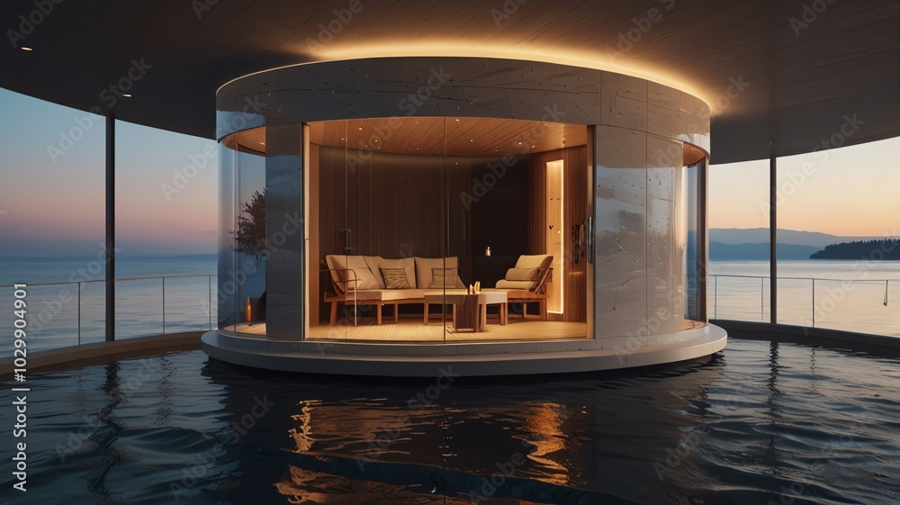 a house with a view of the water and a couch on the deck. a house with a view of the water and a couch on the deck.