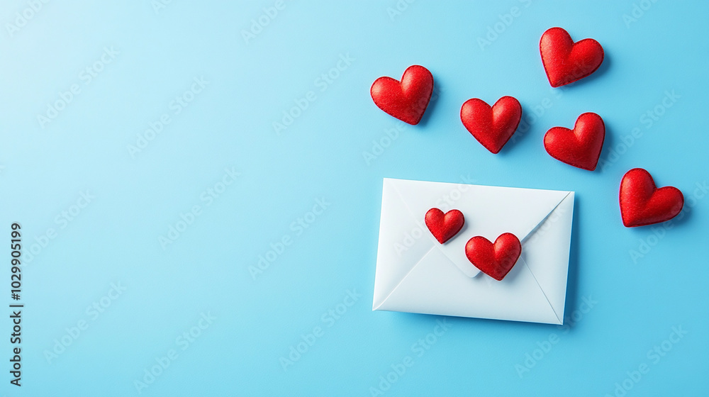 white envelope with red heart on blue background white envelope with red heart on blue background
