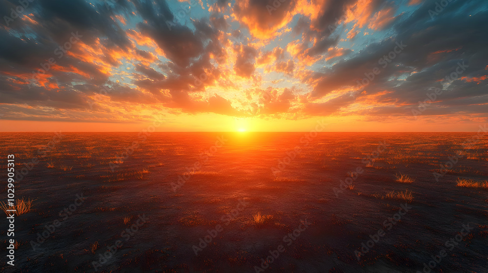 Fototapeta premium Fiery Sunset Over Grasslands Illustration