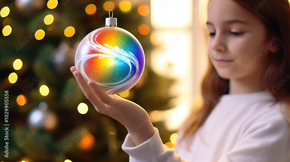 Fototapeta premium generated illustration of kid holding a rainbow christmas bauble