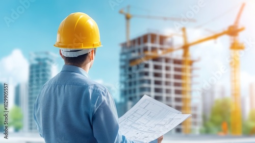 Construction Worker Looking at Building Plans