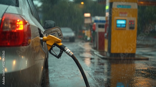 Car refueling at gas station in rain, fuel nozzle in focus, blurred background transportation concept