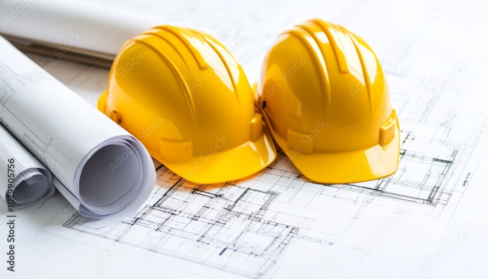 Yellow Hard Hats on Blueprint Yellow Hard Hats on Blueprint