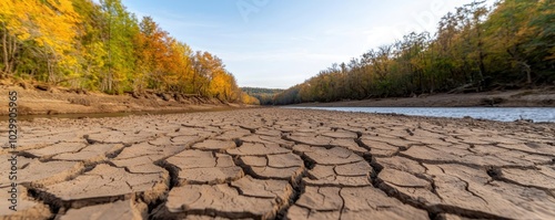 Dry cracked earth with autumn trees, showcasing nature's drought impact.