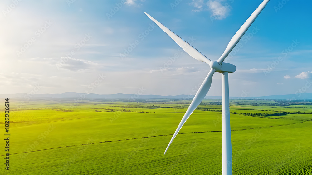 Wind turbines in a green field illustrate renewable energy solutions and the positive impact of green technology. Clean energy, environmental protection, and sustainability for a better future.